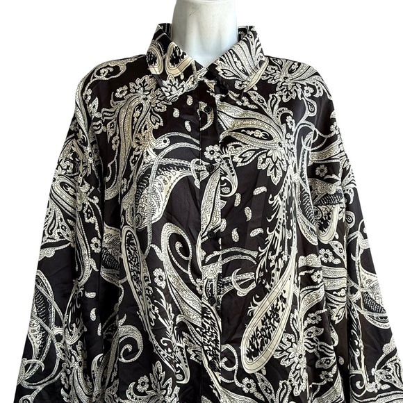 ACOA Black Paisley Tunic Top Women's Size L Long Sleeve Button-Up Blouse - Picture 3 of 4